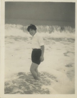 Arakawa at the beach, Japan, ca. mid 1950s